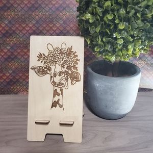 Cell Phone Stand with Cute Giraffe Image Wood